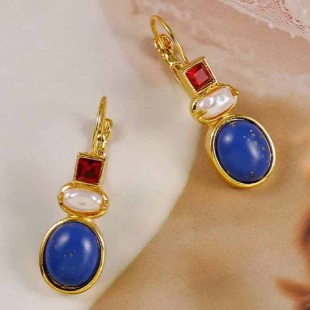 NEW Red White Blue Art Deco Stone and Mabe Pearl Drop Earrings USA America